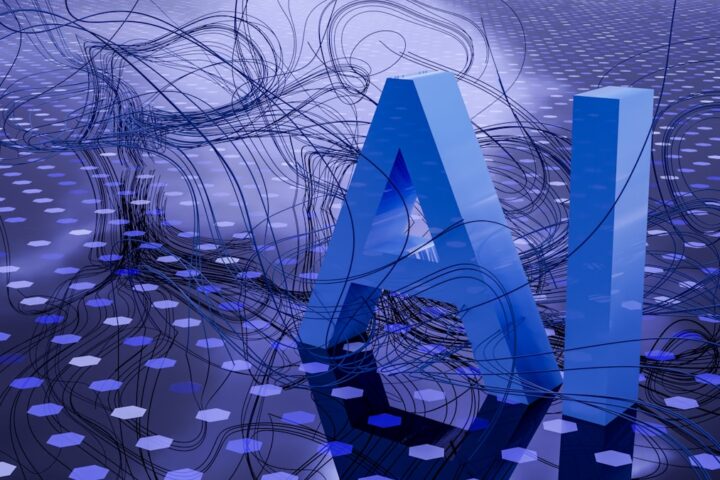 Abstract neural network visualization with blue AI lettering and interconnected digital nodes representing artificial intelligence